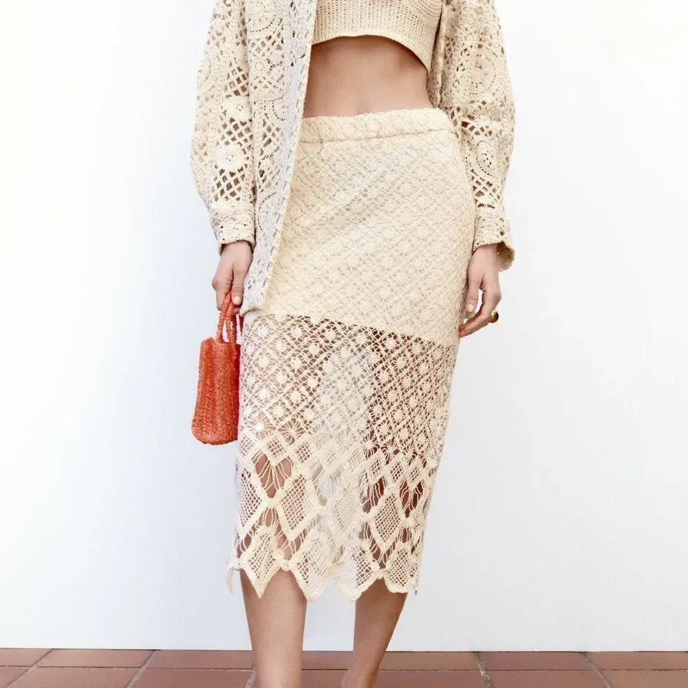 ZARA CROCHET STRAIGHT SKIRT ECRU - Picture 2 of 9